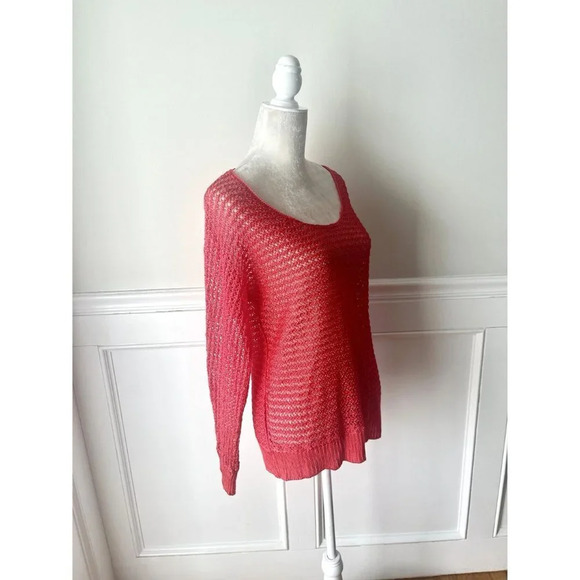 209 Tomato Red Open Knit Boatneck Sweater L - Picture 2 of 5